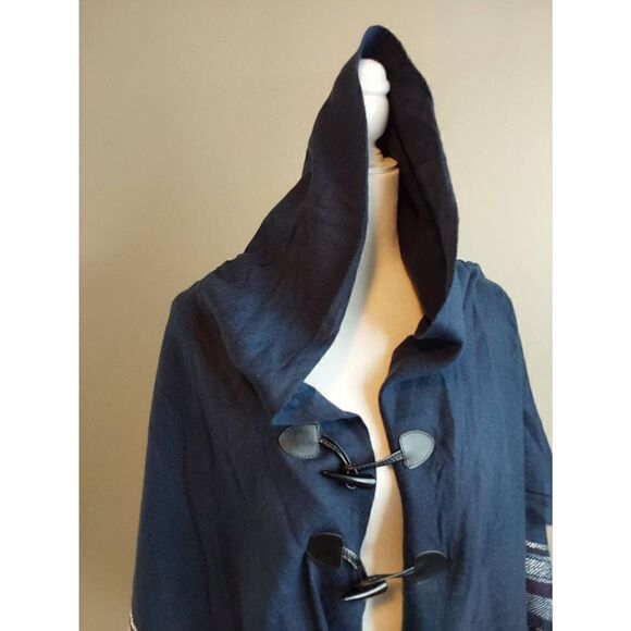 Poncho Wrap Hooded Navy One Size Fringe - Picture 3 of 7